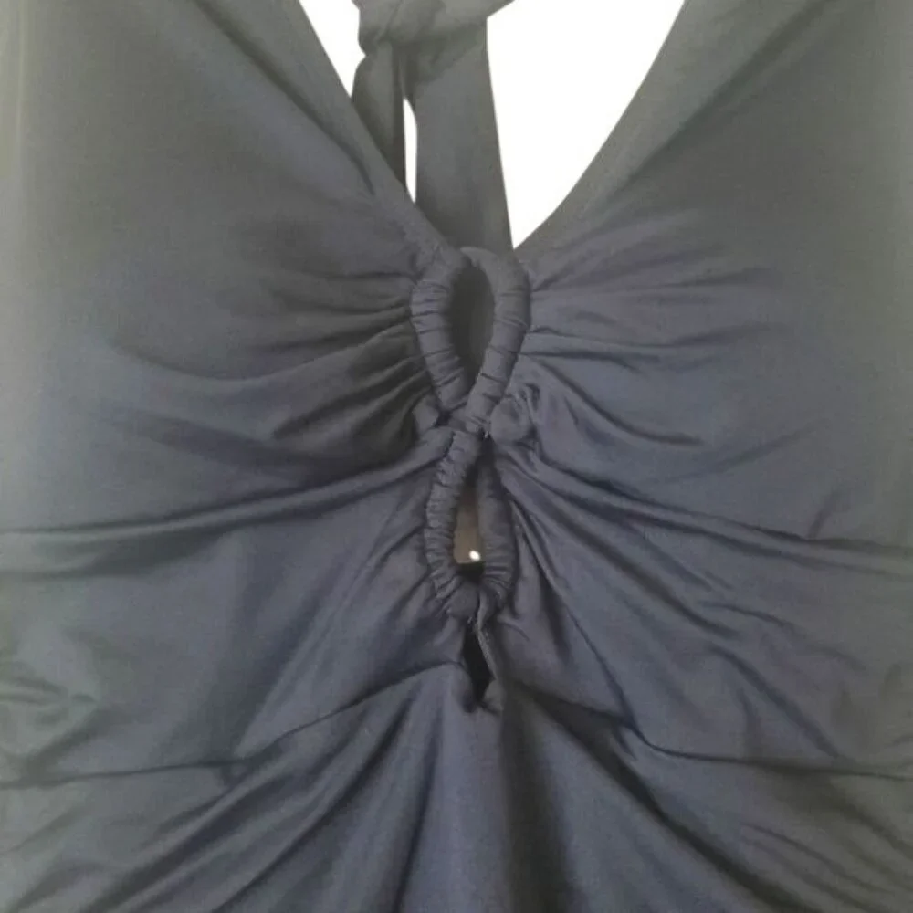 Lauren‎ Ralph Lauren Black Halter Tankini Top Front Tie Back Swimwear Size 12